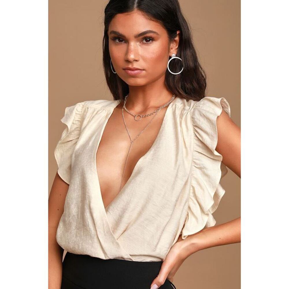 Lulus Smile Awhile Beige Ruffled Surplice Bodysuit - Size XS